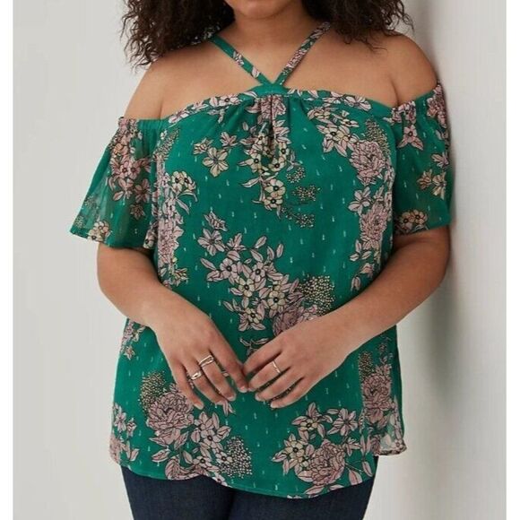 Torrid Womens Plus Size 2 Cold Shoulder Halter Top Crinkle Chiffon Floral Green - Picture 3 of 7